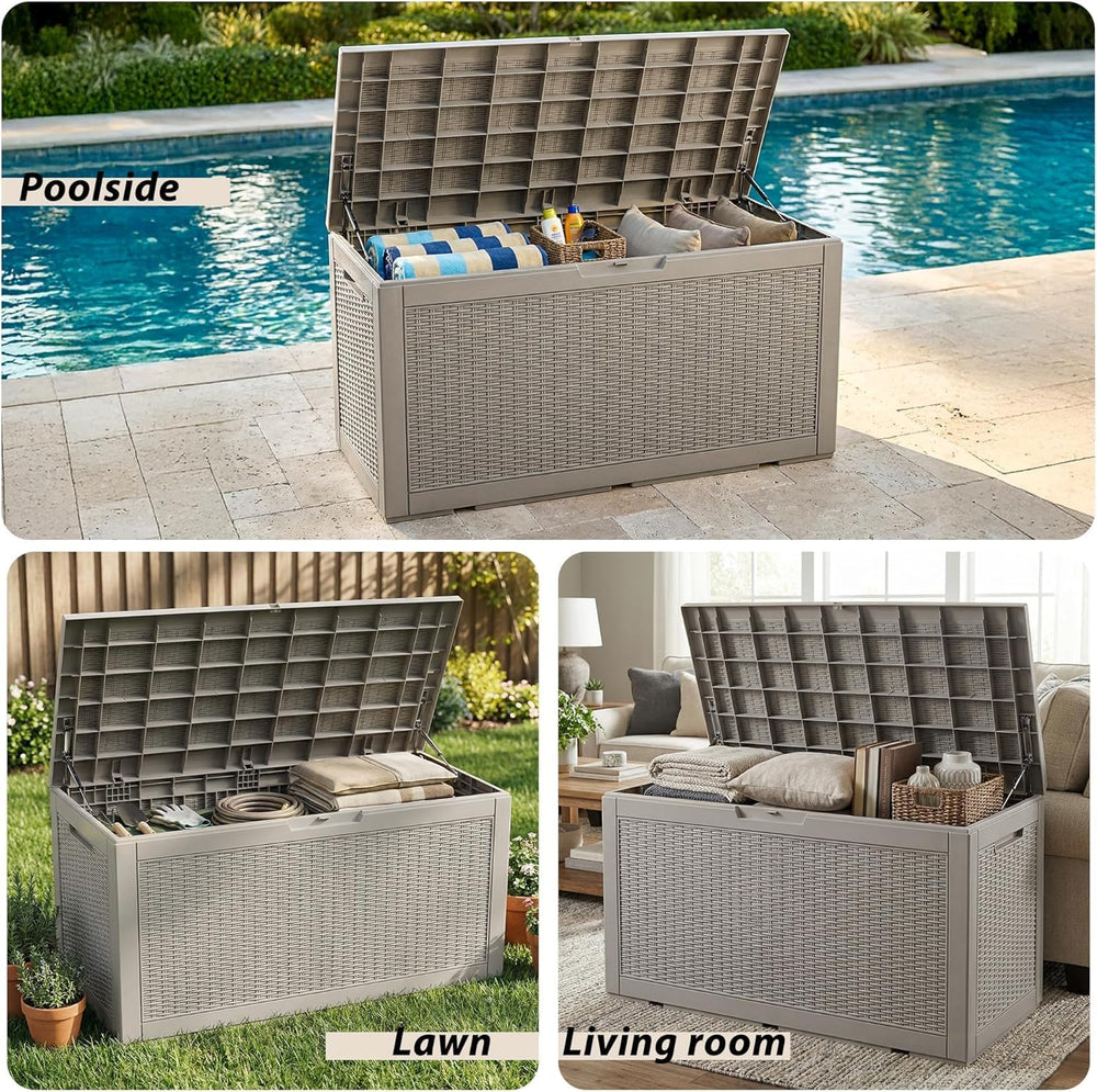 155Gal Outdoor Storage Box, Lockable Grey Deck Box with Hydraulic Lid
