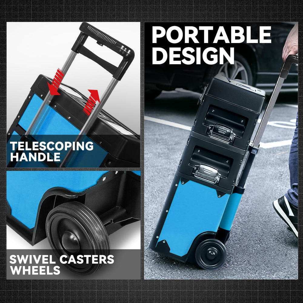 Auto Dynasty 3-Tier Rolling Trolley Tool Box Stackable w/Wheels, 19.5" Blue