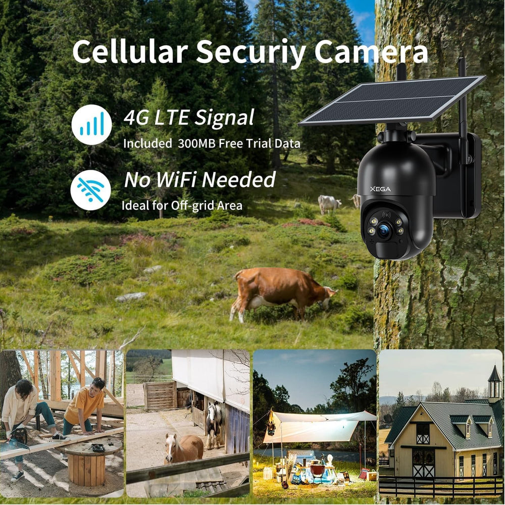 Xega 4G LTE Cellular Security Camera Built-in SIM Card No Wi-Fi Camera