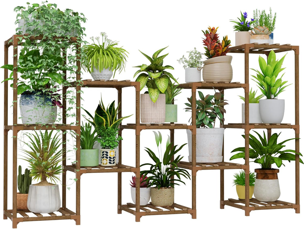 Bamworld Large Plant Shelf Outdoor Wood Plant Stand Large Rack for Living