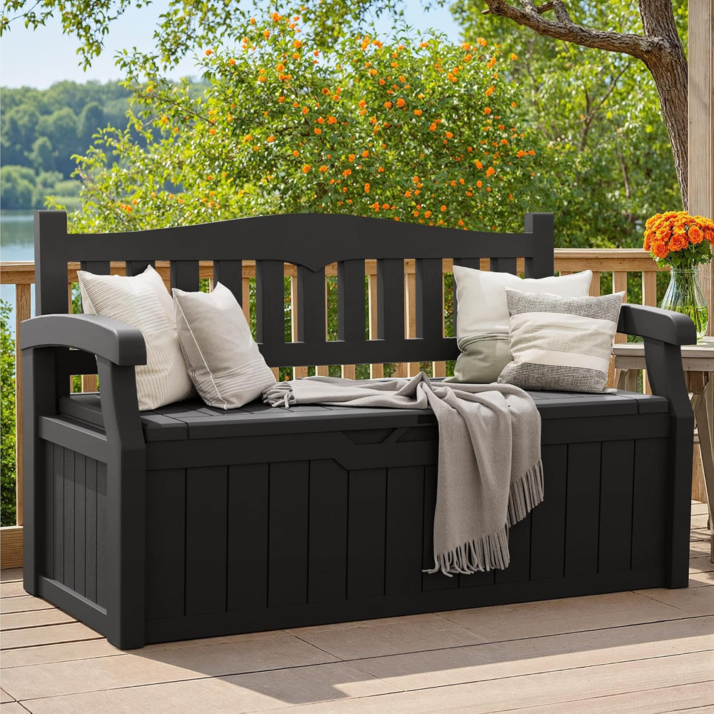 Greesum 80 Gallon Storage Bench Outdoor Deck Box with Armrest, Black