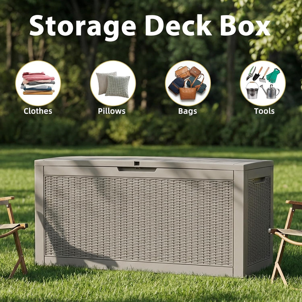 155Gal Outdoor Storage Box, Lockable Grey Deck Box with Hydraulic Lid