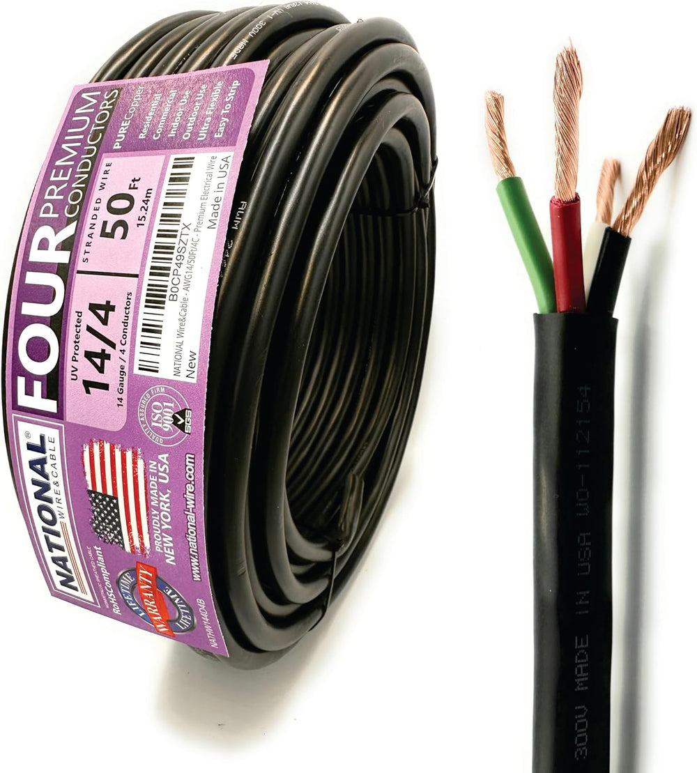 NATIONAL Wire & Cable – 14 AWG 4-Conductor Premium Copper Wire, 50 ft, St...