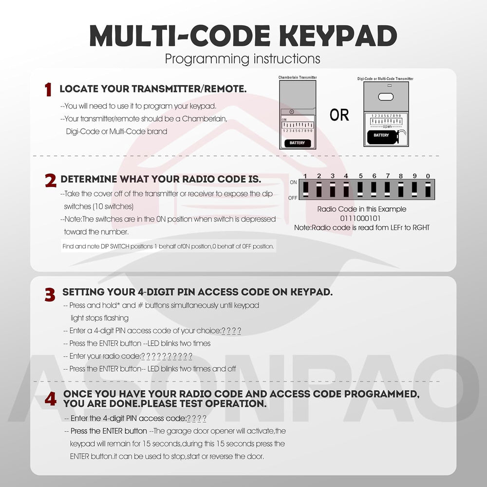 10 Dip Switch MultiCode Gate Opener Keypad 4200/420001 300MHZ