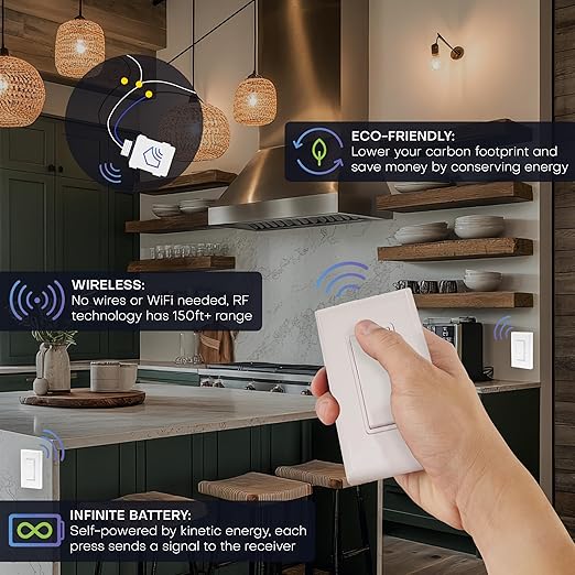 RunLessWire 4-Way Battery-Free DIY Wireless Light Switch Kit 150ft RF Range
