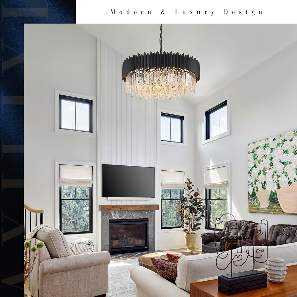 Black Modern Chandelier Large Crystal Round Chandelier for High Ceiling