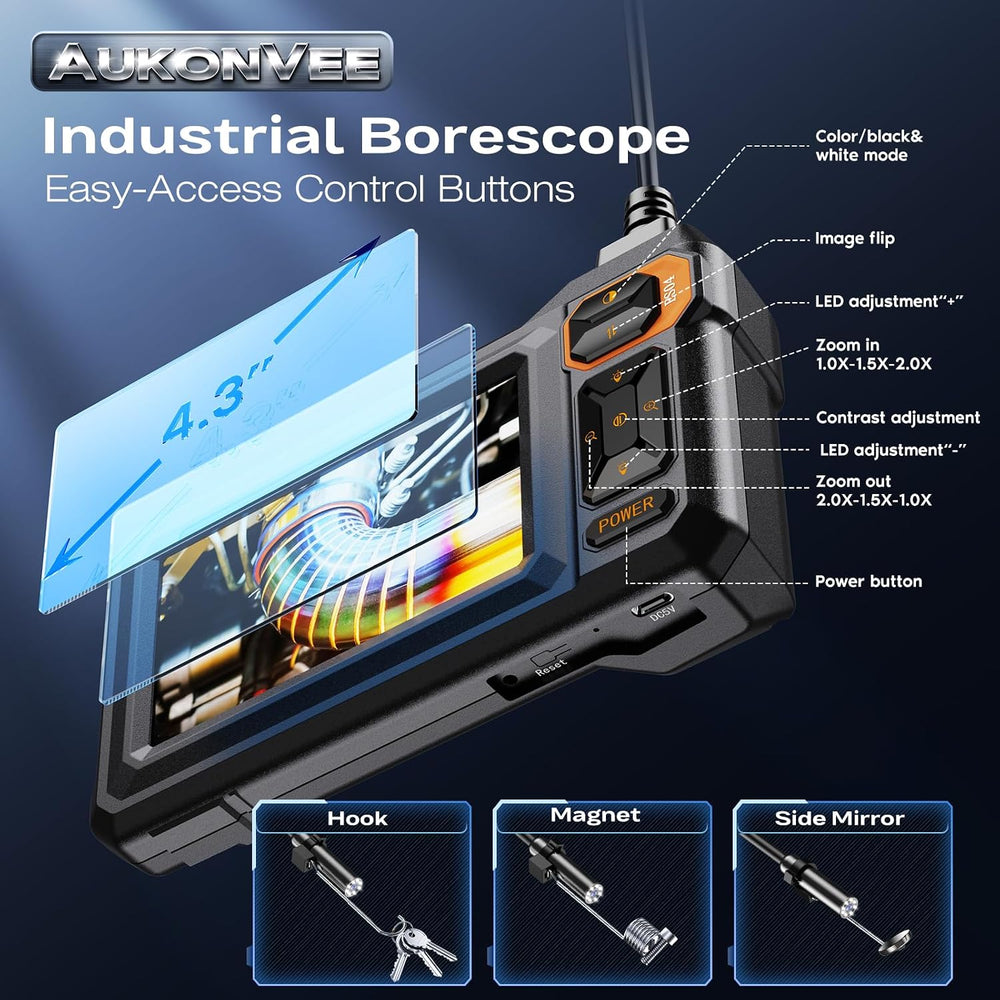 Endoscope Camera with Light, 1920P HD Borescope, 4.3" IPS Inspection Camera