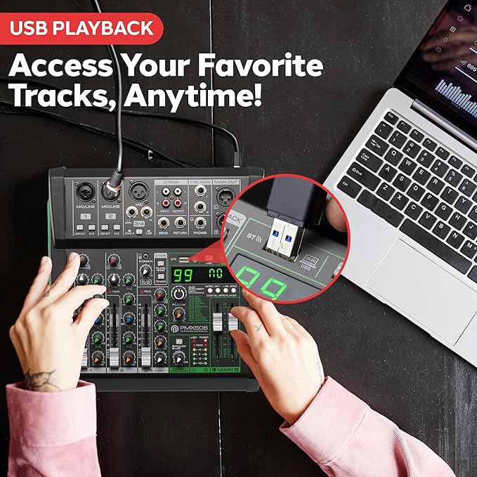 Pyle 6-Channel Audio Mixer, USB Interface, MP3 Compatible, XLR Inputs and LED