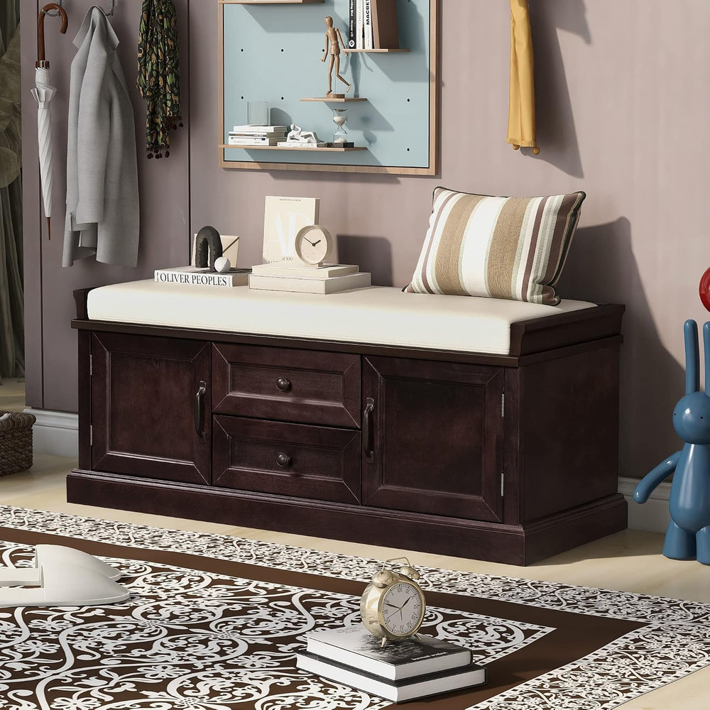 Knocbel 42.5" Storage Bench with Removable Cushion, 2 Drawers and 2 Cabi...