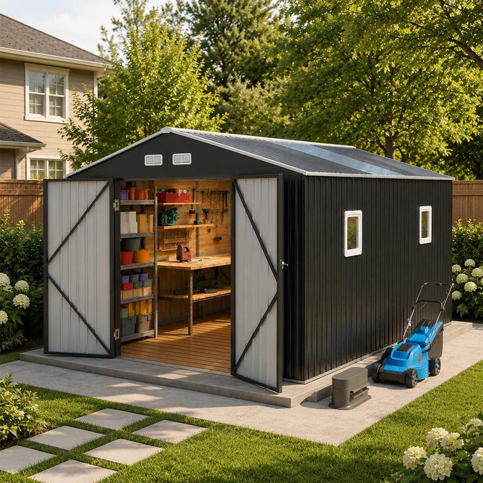 10x10 FT Metal Storage Shed with Window, Lockable Doors & Roof Vents