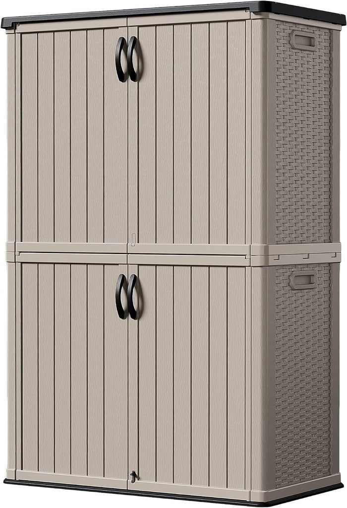 Devoko Outdoor Storage Cabinet 50 Cu Ft with Lockable Doors, Vertical Storage Shed Waterproof Patio Tools Storage Box for Sofa Cushions, Gardening Tools and Accessories (Beige)