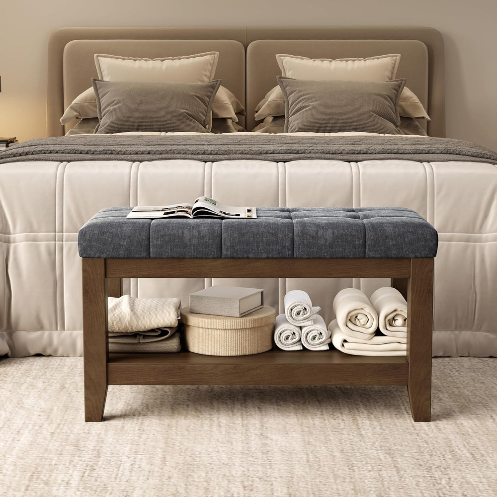 ABHENG Solid Rubber Wood Shoe Bench, Soft Chenille Material Upholstered Seat,...