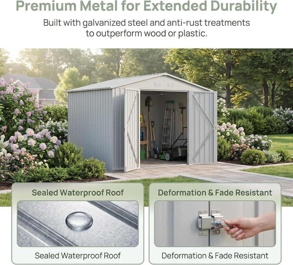 8X6 FT Outdoor Storage Shed, Metal Garden Shed (White + Gray)