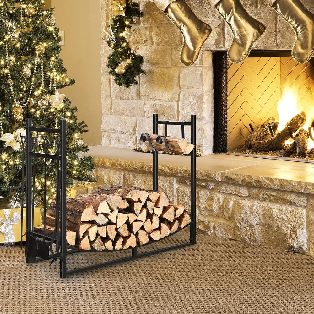 IRONMAX 30 Inch Firewood Rack with Fireplace Tools Set & Kindling Holder