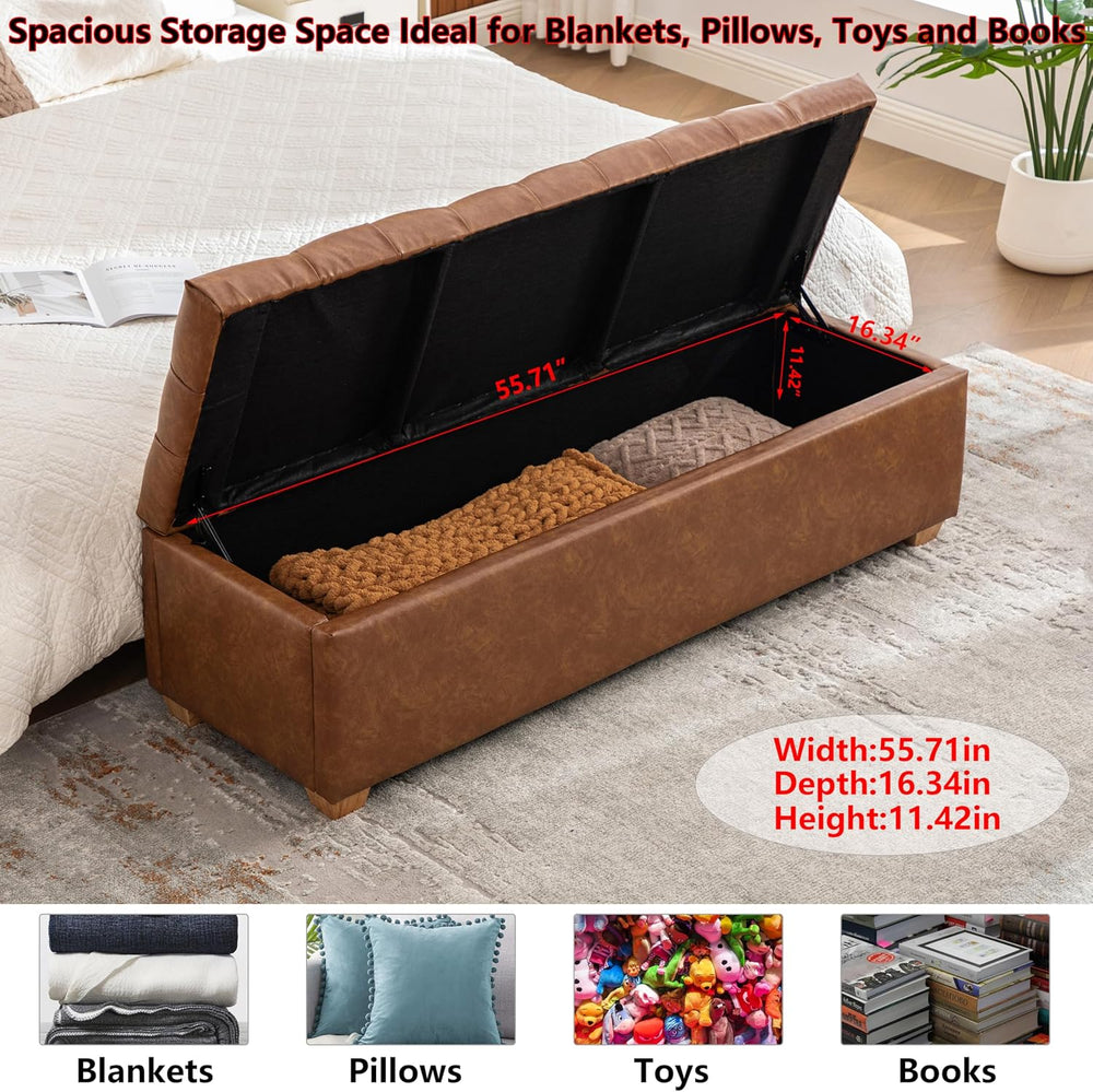 60.2" Storage Ottoman Bench for Bedroom Bed End,Brown PU Leather Bench w...