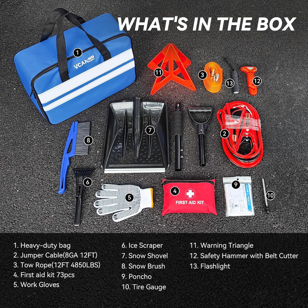 VCANENERGY Car Emergency Kit with Jumper Cable, First Aid Kit, Winter Travel ...