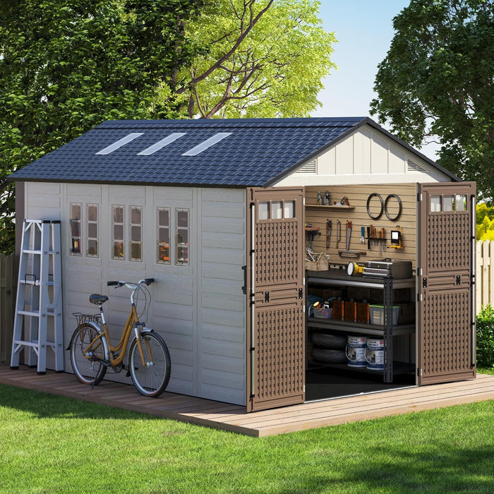 8x12 Ft Outdoor Storage Shed with Floor, Large Resin Outdoor Shed with Lockable Doors, 5 Fixed Windows & 6 Skylights, HDPE Garden Sheds for Backyard, Lawn Tools, Pool & Bike Supplies, Khaki