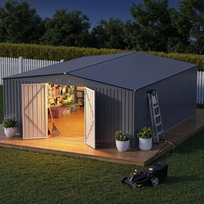 14 x 12 FT Outdoor Storage Shed, Heavy-Duty Galvanized Steel Tool Shed with Reinforced Frame, 2Magnetic Light, Lockable Double Door & Side Vents for Backyard Large Equipment, Gray