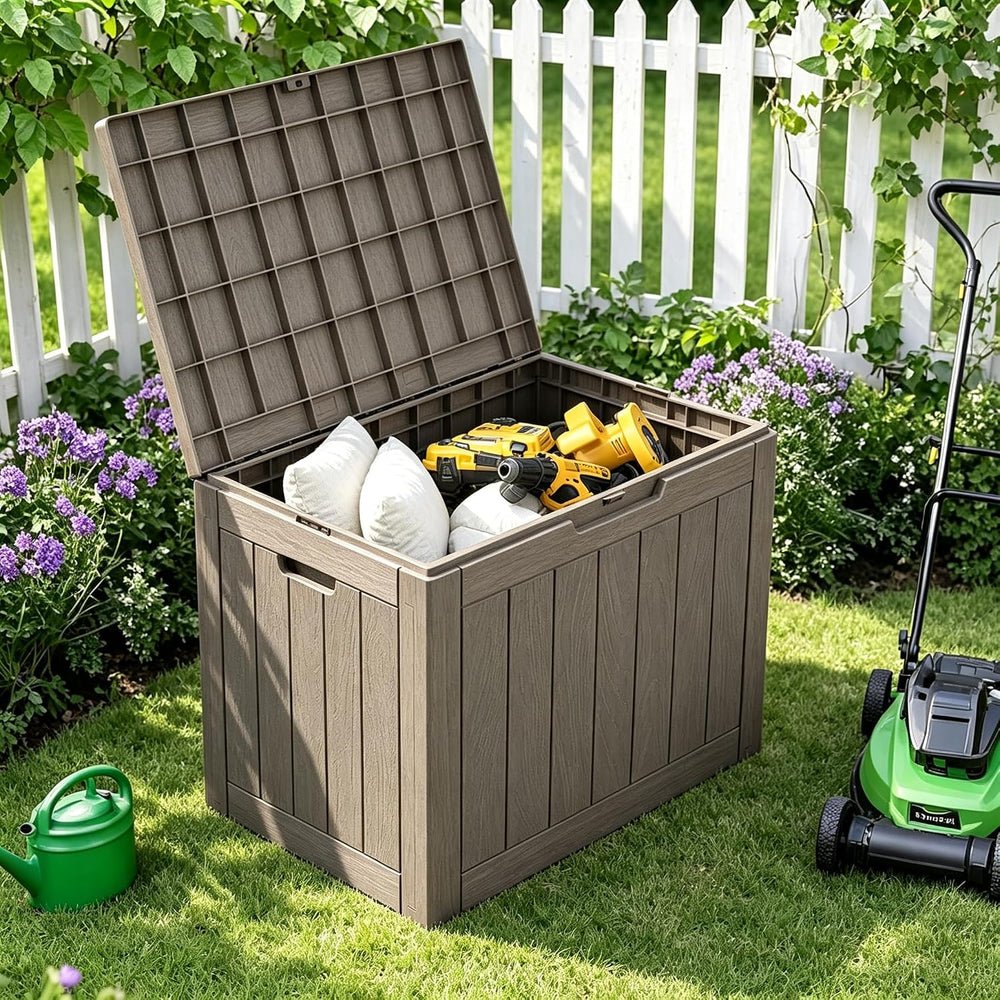 33 Gal Outdoor Storage Box Waterproof Lockable,Deck Box,Black, Warm Gray