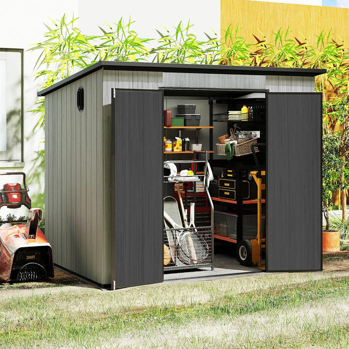 Domi 6x8FT Outdoor Resin Storage Shed with Transparent Windows & Louvered Vents, Plastic Tool Shed with Double Lockable Doors & Sloping Roof, Outside Garden Shed for Backyard, Patio, Lawn, Grey