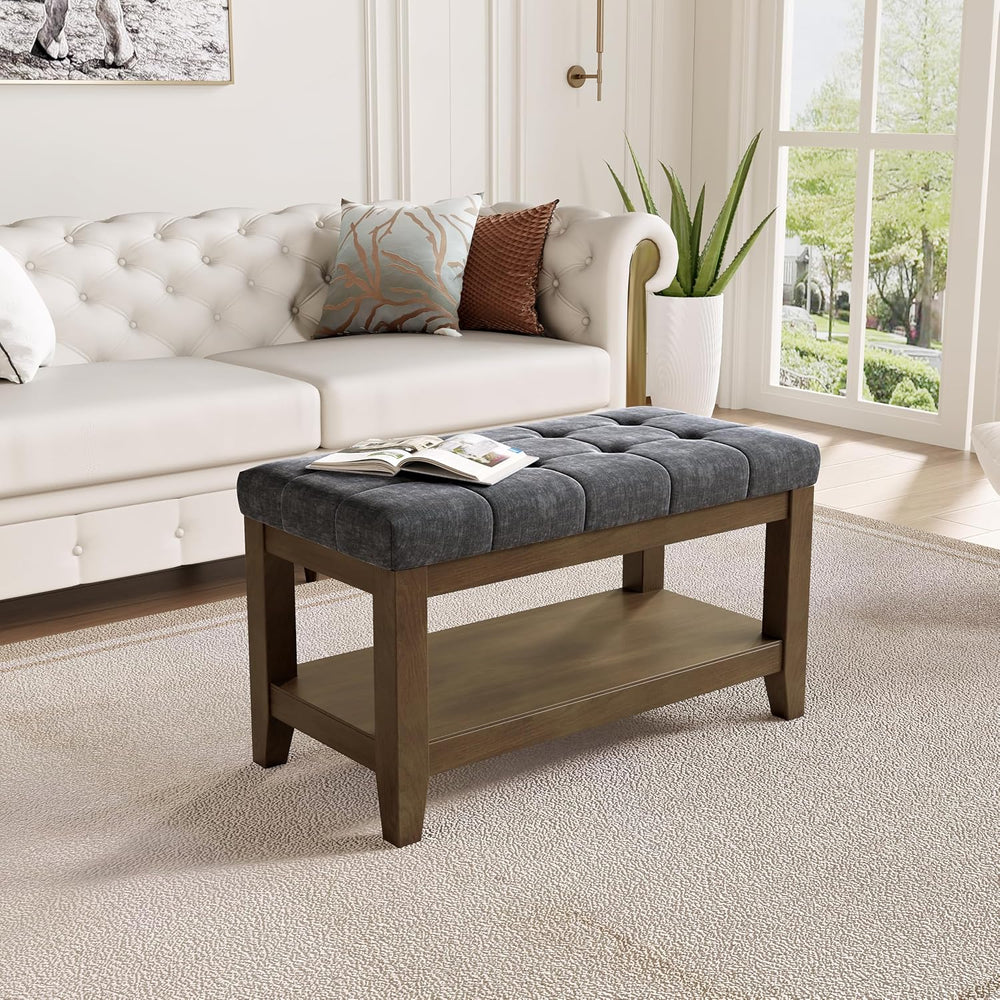 ABHENG Solid Rubber Wood Shoe Bench, Soft Chenille Material Upholstered Seat,...
