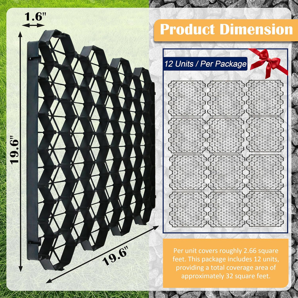 12PCS Permeable Pavers Gravel Grid Base Panel 1.6" Depth 32 Sq Ft
