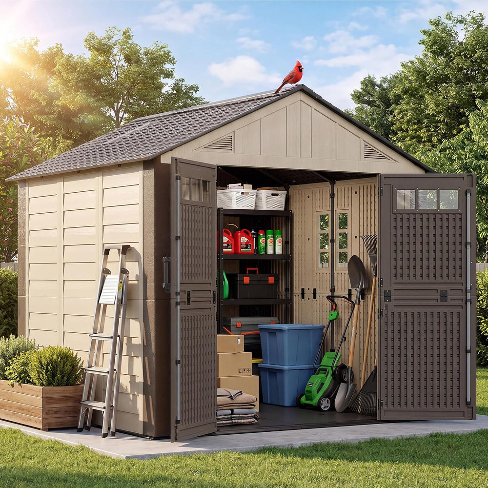 HOMSHADE 8x8 FT Resin Outdoor Storage Shed with Floor, Plastic Garden Shed