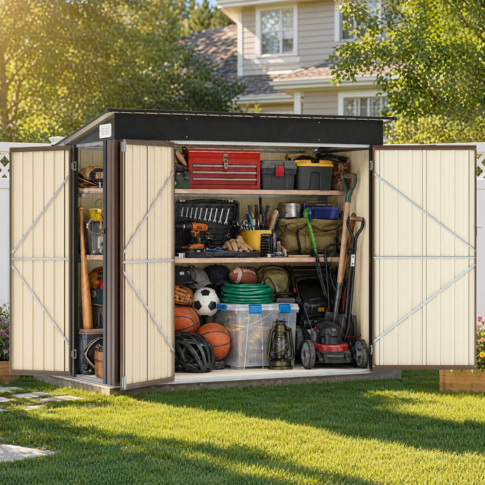 LAUSAINT HOME 8 x 4 FT Outdoor Storage Shed, Galvanized Steel Tool Shed with Double Lockable Doors, Air Vent & Sloped Roof for Backyard, Patio & Garden, Brown