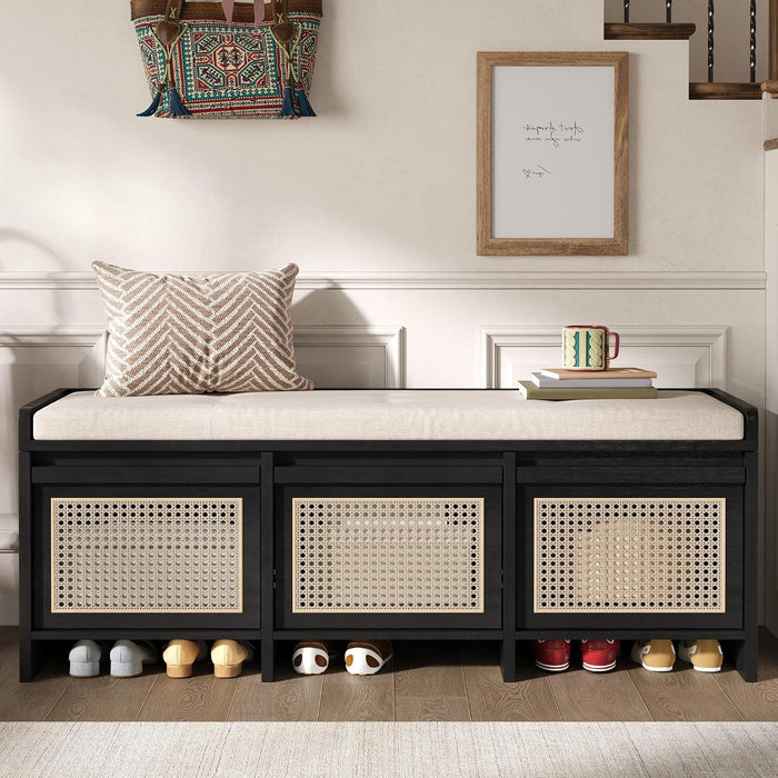 SOFTSEA 48" Shoe Storage Bench with Cushion, 2-Tier Entryway Bench with 3 Rattan Storage Drawers & Lift Top Storage, Retro Shoe Cabinet for Hallway, Bedroom, Living Room, Black